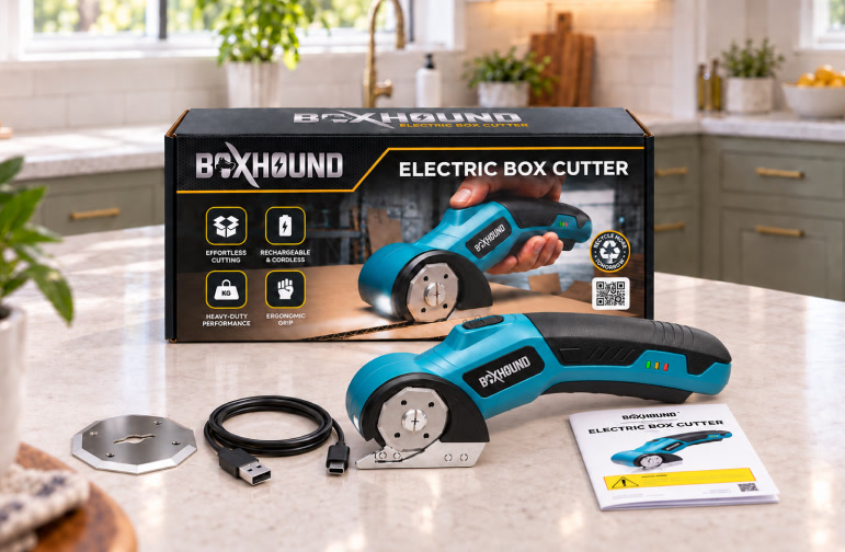 BoxHound electric box cutter with its box, spare blade, USB-C cable and manual