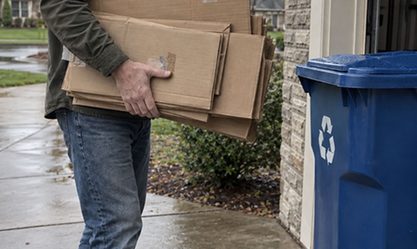 A recycling bin full of flattened cardboard boxes