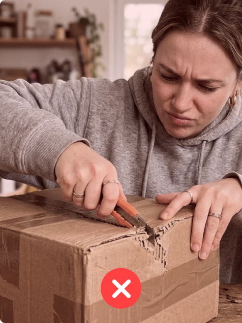Struggling to cut a box open with a utility knife